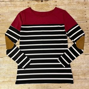 SHEIN Maroon Black White Striped Elbow Pad Long Sleeve | S